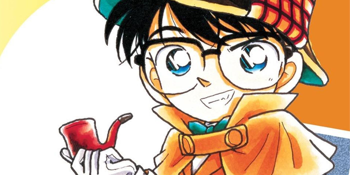 Detective Conan is dressed as Sherlock Holmes and holding a pipe on a manga cover