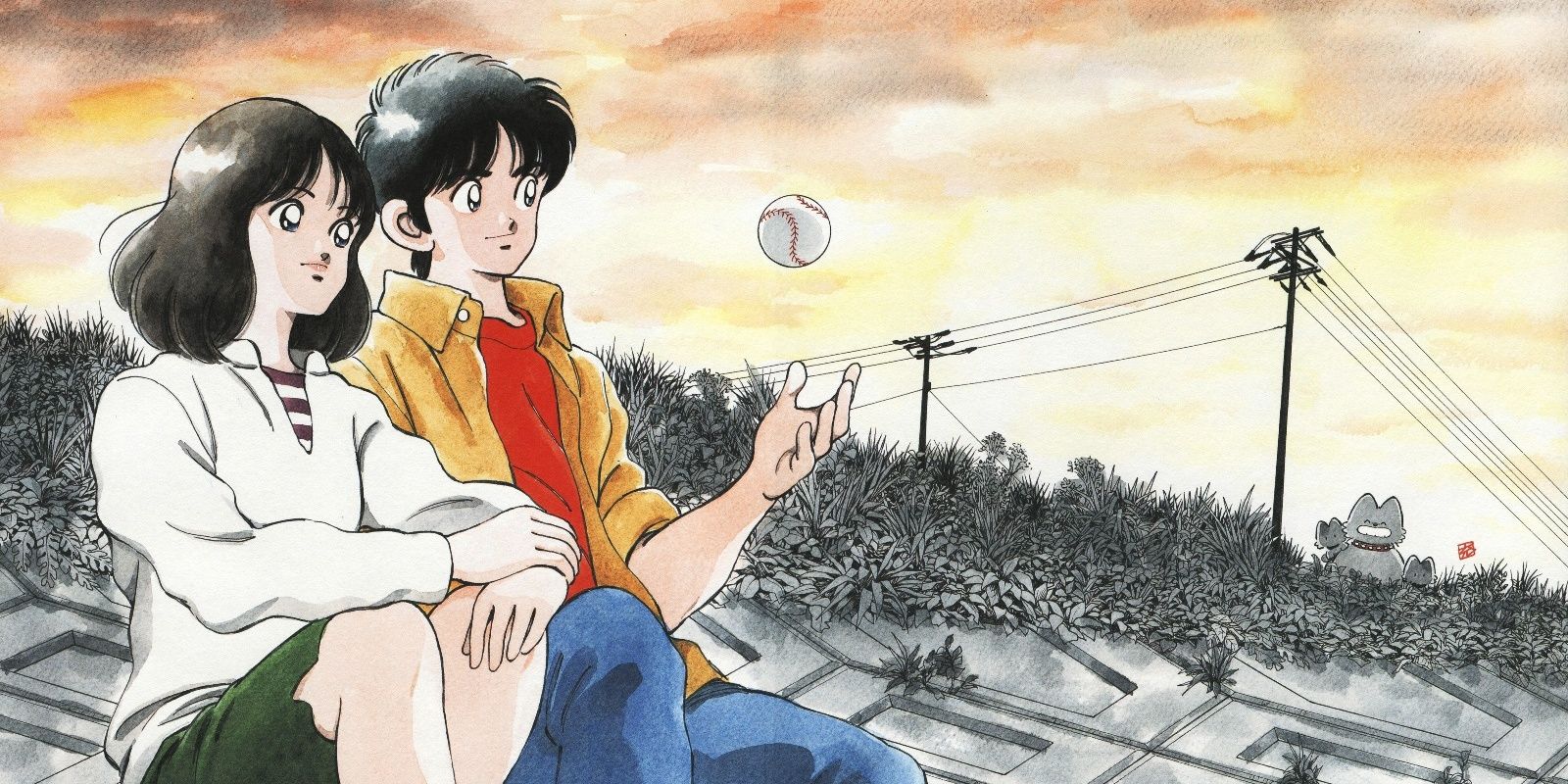 Tatsuya Uesugi sitting next to Minami and tossing a baseball in the Touch manga