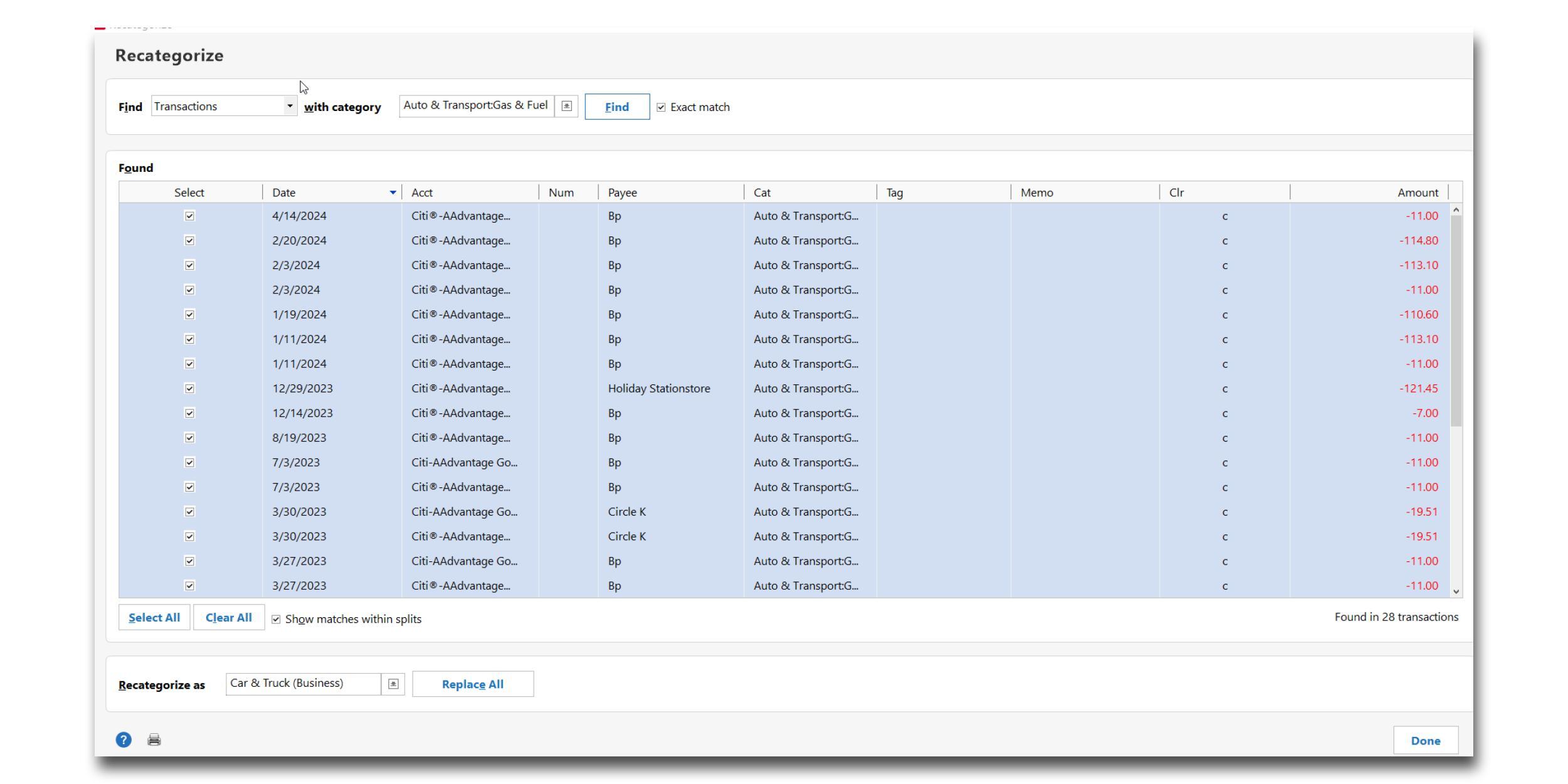 Quicken’s batch recategorization window