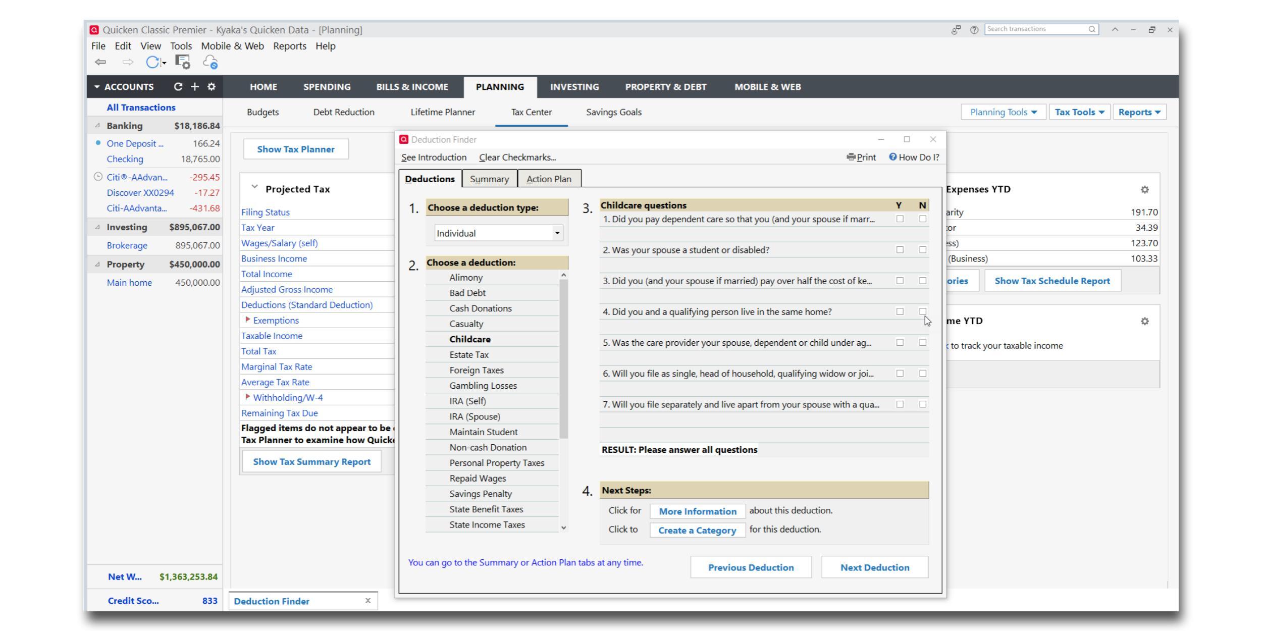 The Deduction Finder window in Quicken Classic Premier