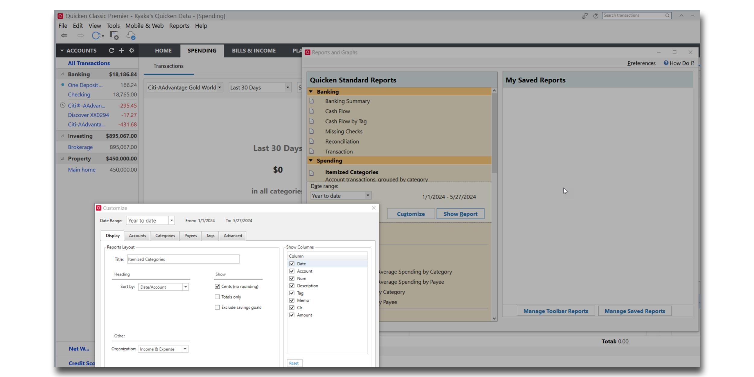 A customization window for a report in Quicken Classic