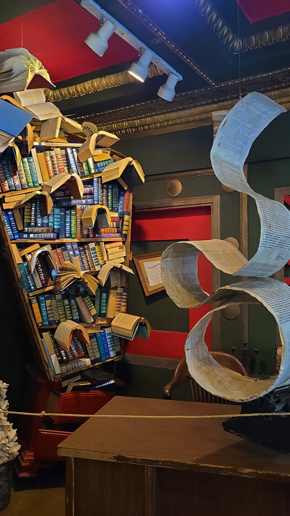 Los Angeles literary tour. Book display at the Last Bookstore shows floating books hanging on wires