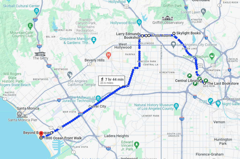 What a literary tour in Los Angeles would look like if you walked it. Google Maps shows walking trail would take 7 hours and 44 minutes to walk the whole route