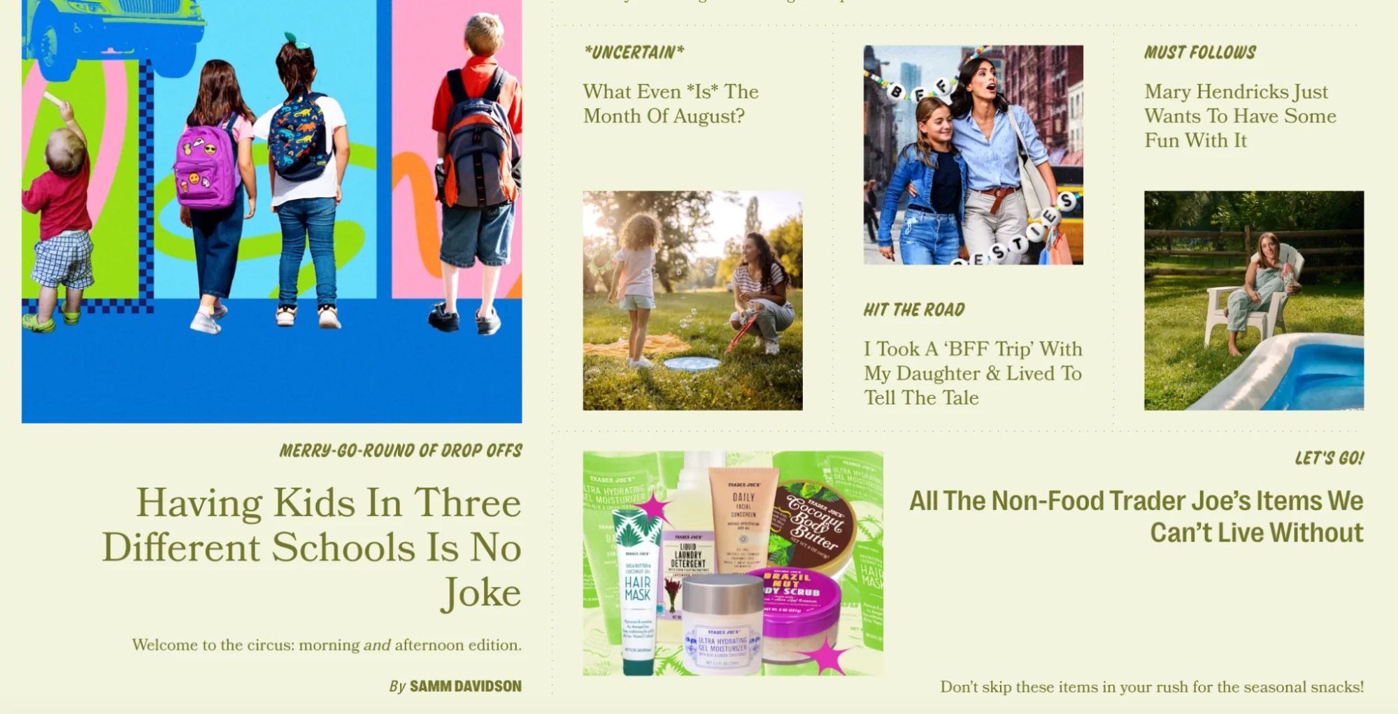 Scary Mommy blog with bold visuals, parenting headlines, and product review features.