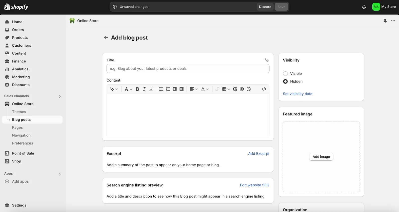 Shopify admin interface shows “Add blog post.”